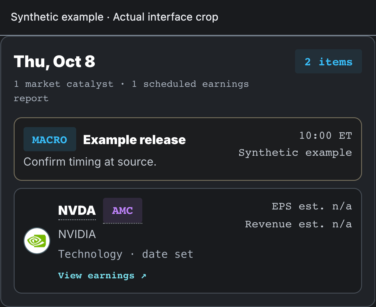 Selected calendar day with one illustrative macro release and one synthetic NVDA earnings entry. AMC timing and the source link are visible; estimates are unavailable.